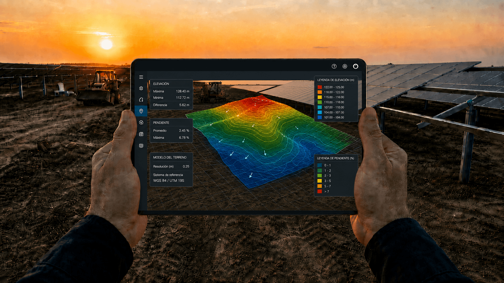 Análisis topográfico del emplazamiento mostrado sobre una tablet: elevaciones, pendientes y modelo del terreno.