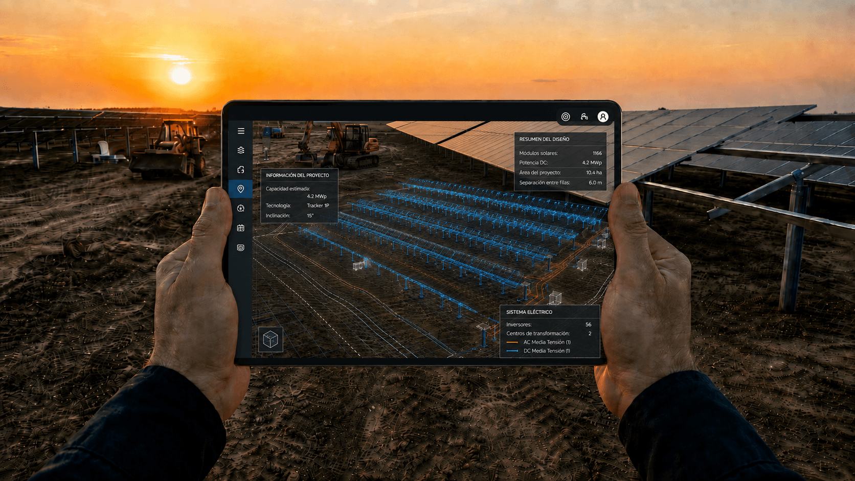 Layout de trackers y geometría del proyecto superpuestos sobre el terreno real.
