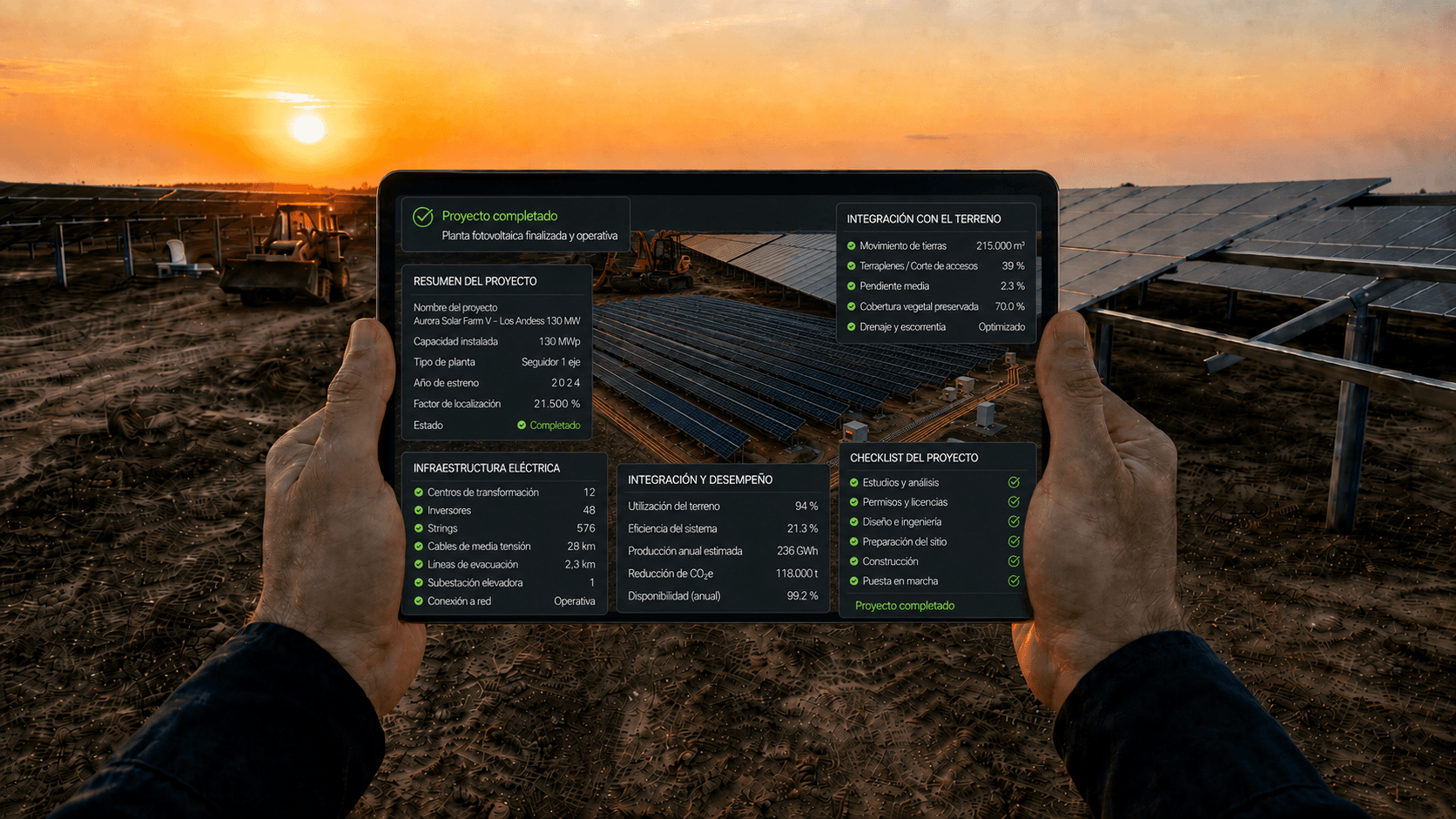 Resumen del proyecto completado, con checklist e infraestructura eléctrica.